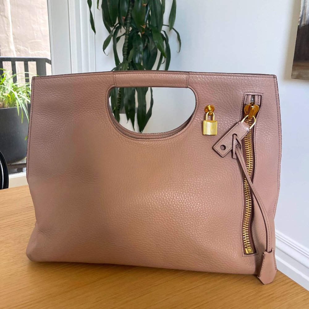 Pebbled Calfskin Alix Padlock Zip Hobo Bag Taupe by Tom Ford